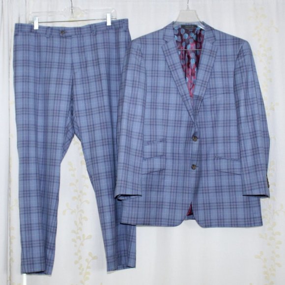 Indochino Blue Plaid 2 Piece Wool Suit Polka Dot Lined Men's Jacket 45 Pants 37